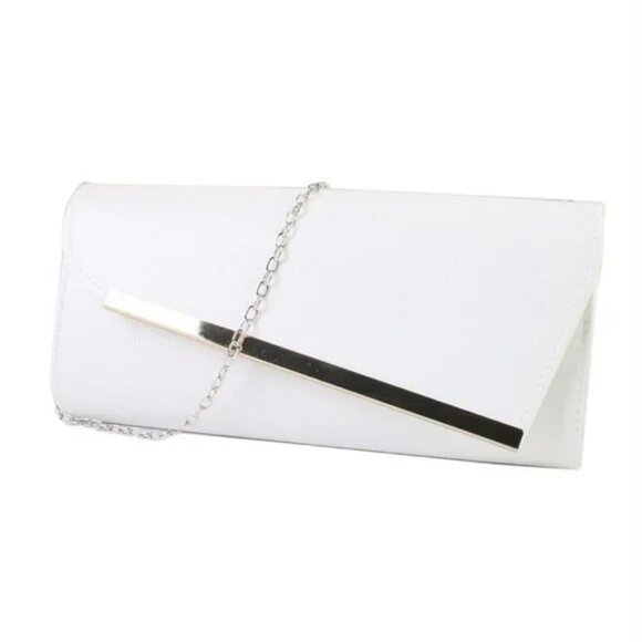 NEW Faux Leather Formal Bag Shoulder Clutch Purse Ivory White Chain Wedding - Picture 1 of 10